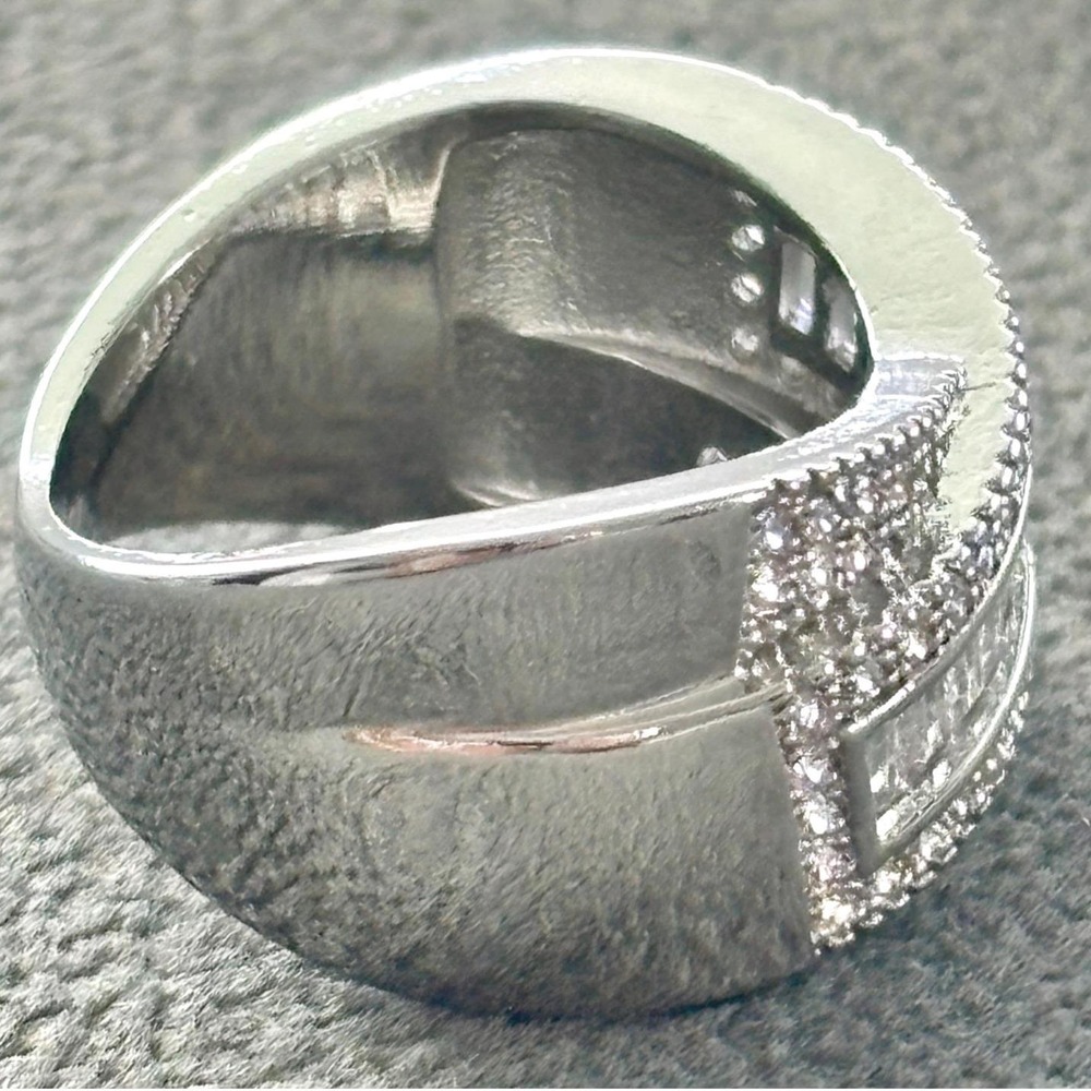 Ring Silver Tone Cubic Zirconia Baguette Crossover Statement Style New 7 - Picture 4 of 6